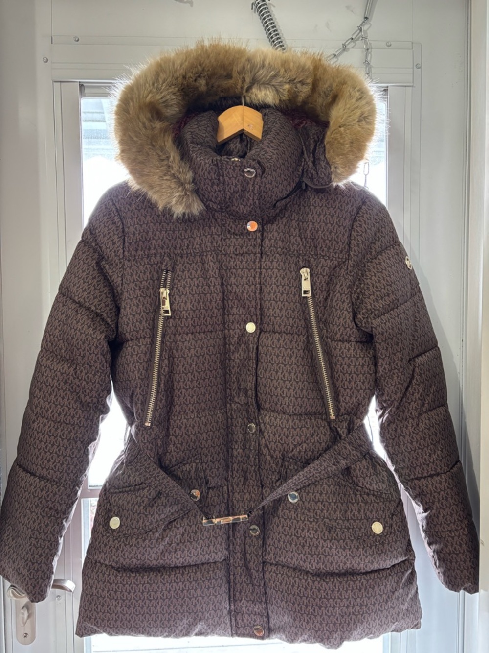 Michael Kors Brown Quilted Puffer Coat with Faux Fur Hood